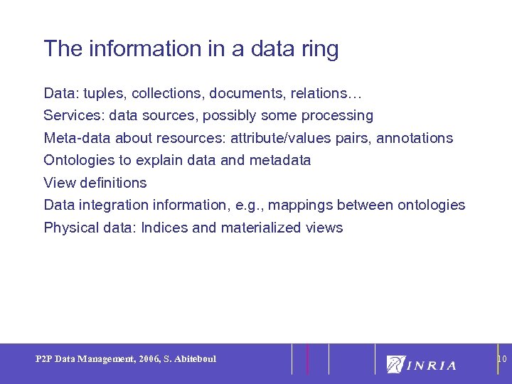 10 The information in a data ring Data: tuples, collections, documents, relations… Services: data