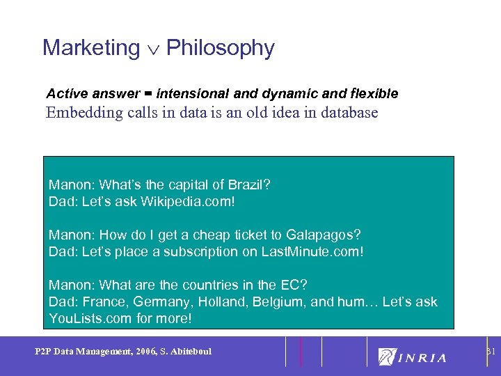 31 Marketing Philosophy Active answer = intensional and dynamic and flexible Embedding calls in