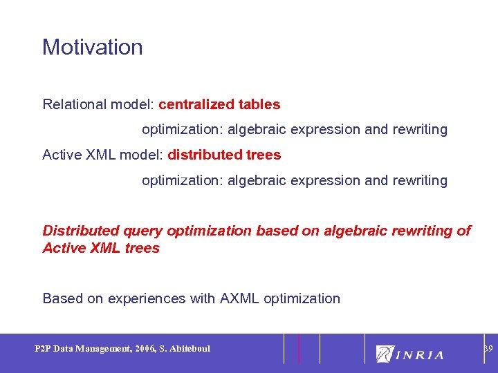 39 Motivation Relational model: centralized tables optimization: algebraic expression and rewriting Active XML model: