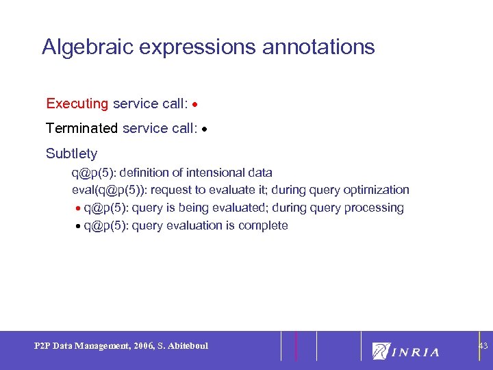 43 Algebraic expressions annotations Executing service call: Terminated service call: Subtlety q@p(5): definition of