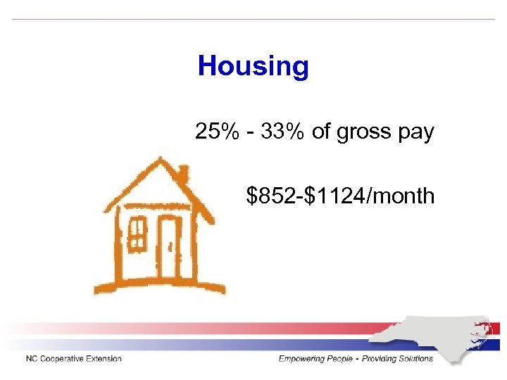 Housing 25% - 33% of gross pay $852 -$1124/month 