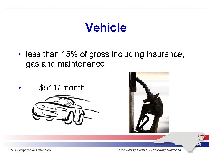 Vehicle • less than 15% of gross including insurance, gas and maintenance • $511/