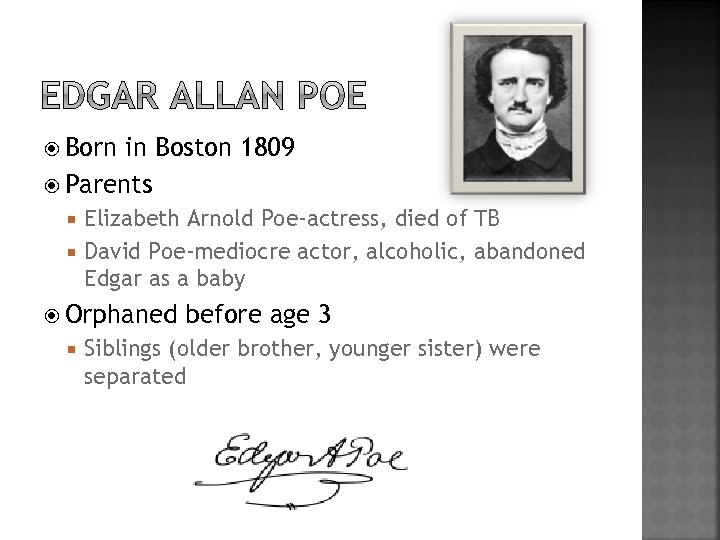  Born in Boston 1809 Parents Elizabeth Arnold Poe-actress, died of TB David Poe-mediocre