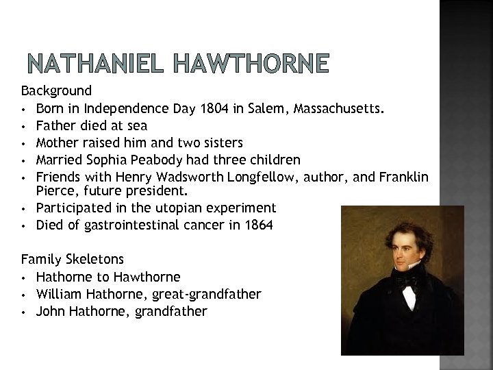 NATHANIEL HAWTHORNE Background • Born in Independence Day 1804 in Salem, Massachusetts. • Father