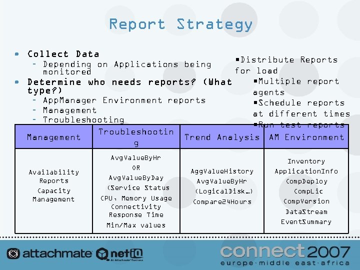 Report Strategy • Collect Data • Distribute Reports for load • Multiple report •