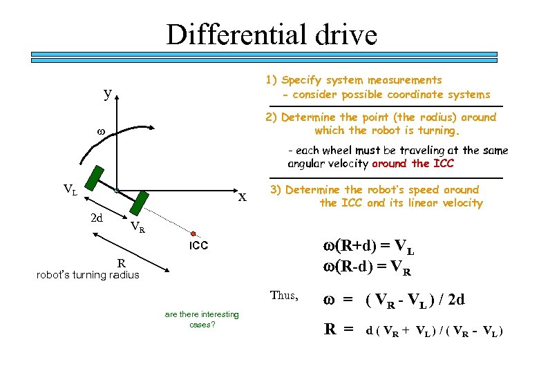 Differential drive 1) Specify system measurements - consider possible coordinate systems y 2) Determine