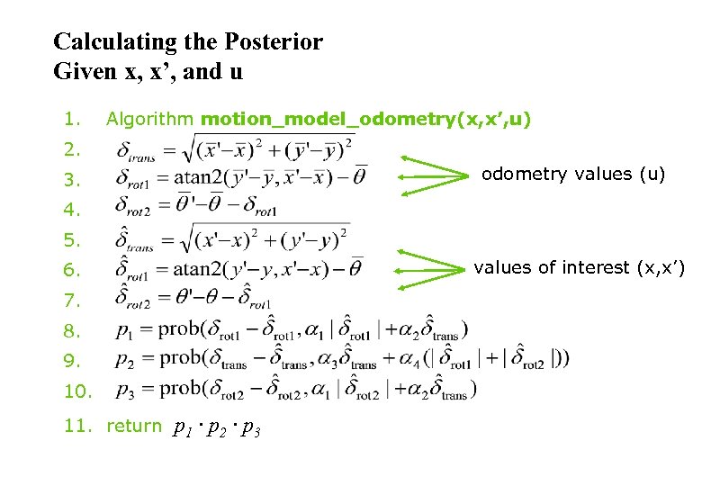 Calculating the Posterior Given x, x’, and u 1. Algorithm motion_model_odometry(x, x’, u) 2.