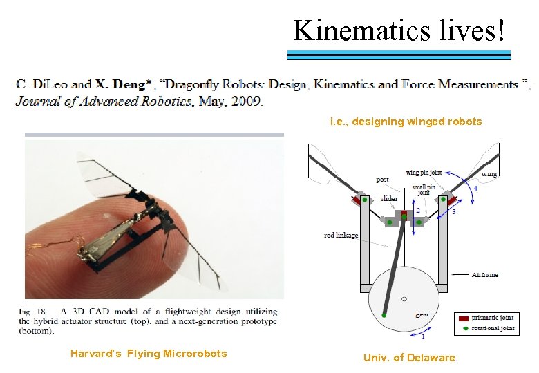 Kinematics lives! i. e. , designing winged robots Harvard’s Flying Microrobots Univ. of Delaware