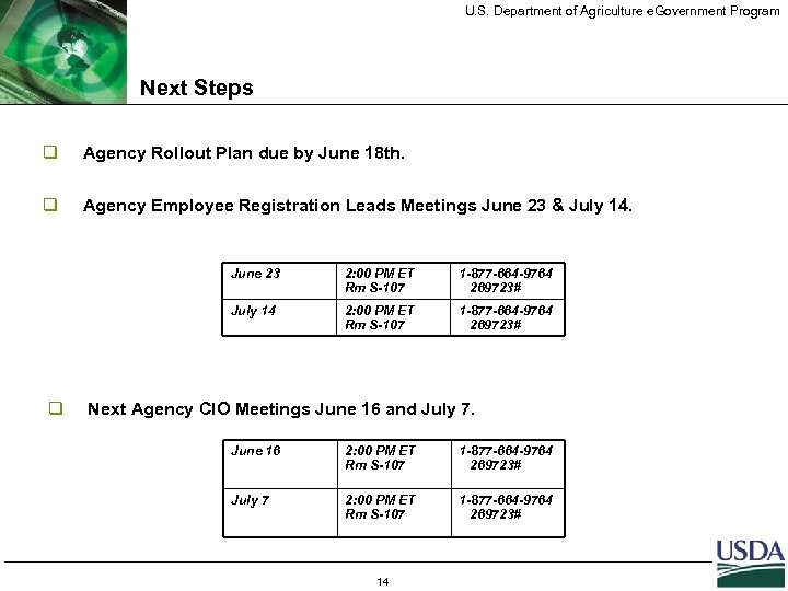 U. S. Department of Agriculture e. Government Program Next Steps q Agency Rollout Plan