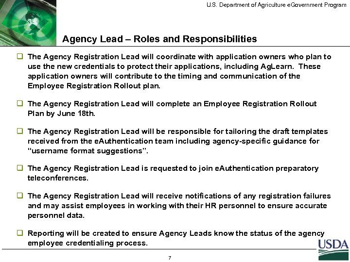 U. S. Department of Agriculture e. Government Program Agency Lead – Roles and Responsibilities