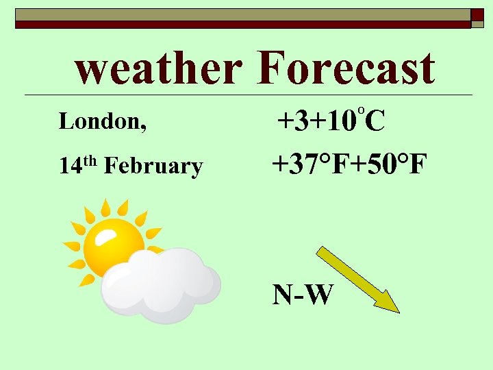weather Forecast London, 14 th February +3+10 o C +37°F+50°F N-W 