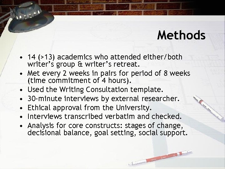 Methods • 14 (>13) academics who attended either/both writer’s group & writer’s retreat. •