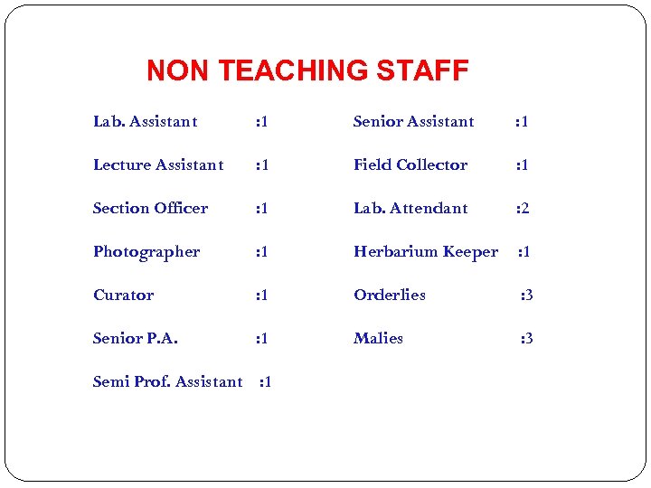 NON TEACHING STAFF Lab. Assistant : 1 Senior Assistant : 1 Lecture Assistant :