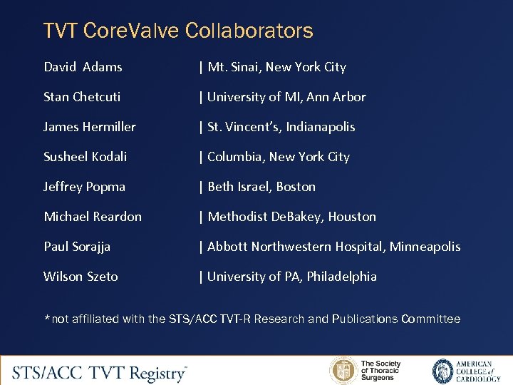 TVT Core. Valve Collaborators David Adams | Mt. Sinai, New York City Stan Chetcuti