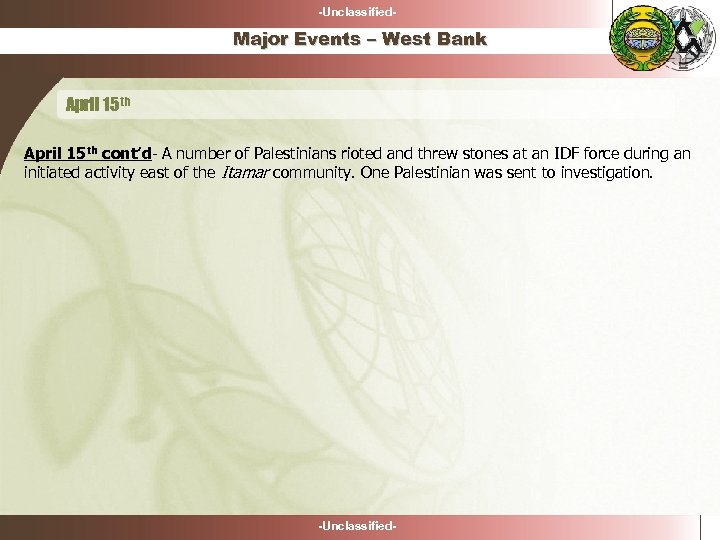 -Unclassified- Major Events – West Bank April 15 th cont’d- A number of Palestinians