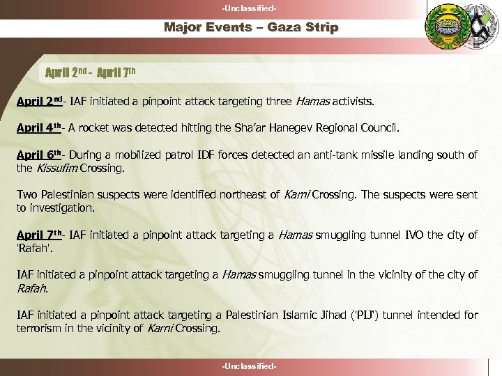 -Unclassified- Major Events – Gaza Strip April 2 nd - April 7 th April