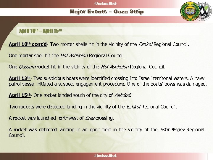 -Unclassified- Major Events – Gaza Strip April 10 th – April 15 th April
