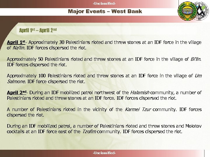 -Unclassified- Major Events – West Bank April 1 st – April 2 nd April