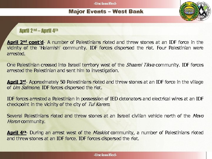 -Unclassified- Major Events – West Bank April 2 nd – April 4 th April