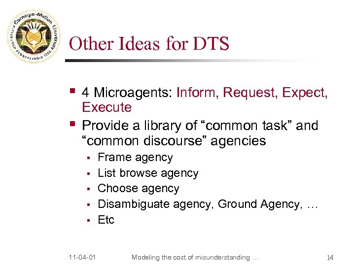 Other Ideas for DTS § § 4 Microagents: Inform, Request, Expect, Execute Provide a