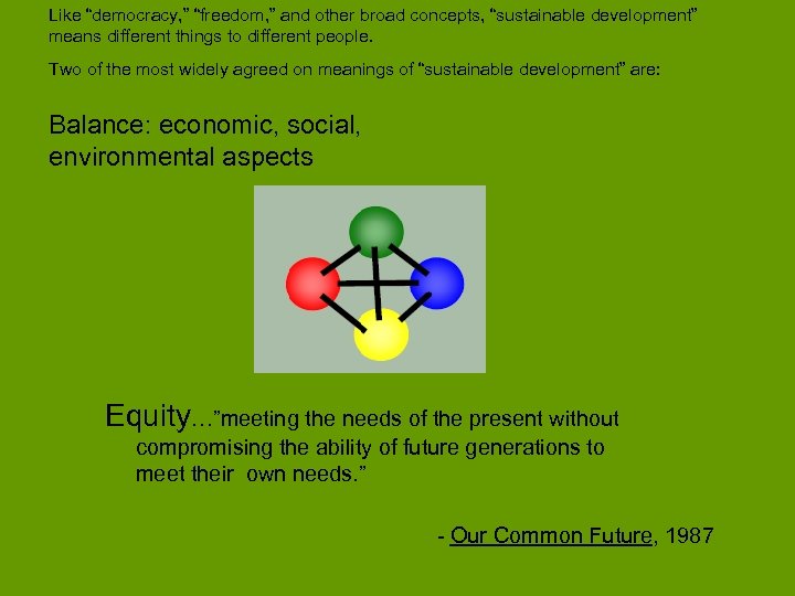 Like “democracy, ” “freedom, ” and other broad concepts, “sustainable development” means different things
