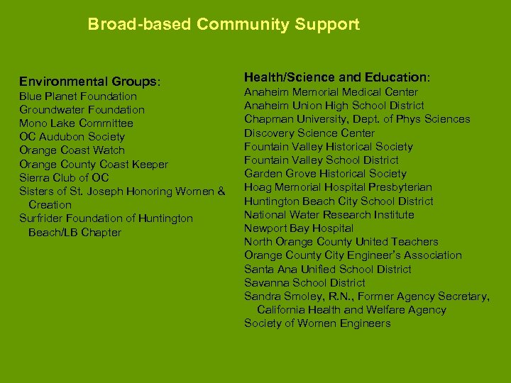 Broad-based Community Support Environmental Groups: Blue Planet Foundation Groundwater Foundation Mono Lake Committee OC