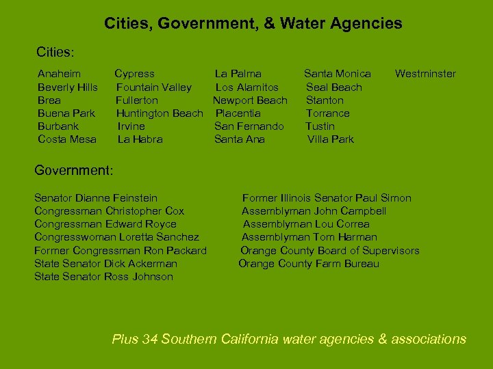 Cities, Government, & Water Agencies Cities: Anaheim Beverly Hills Brea Buena Park Burbank Costa