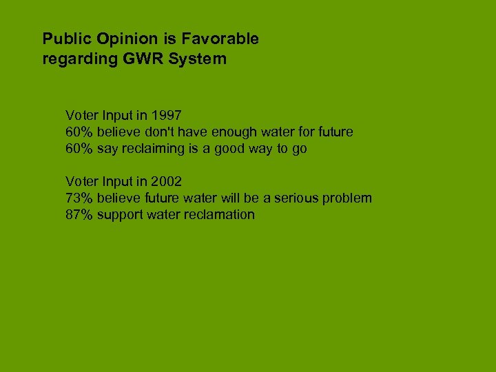 Public Opinion is Favorable regarding GWR System Voter Input in 1997 60% believe don't