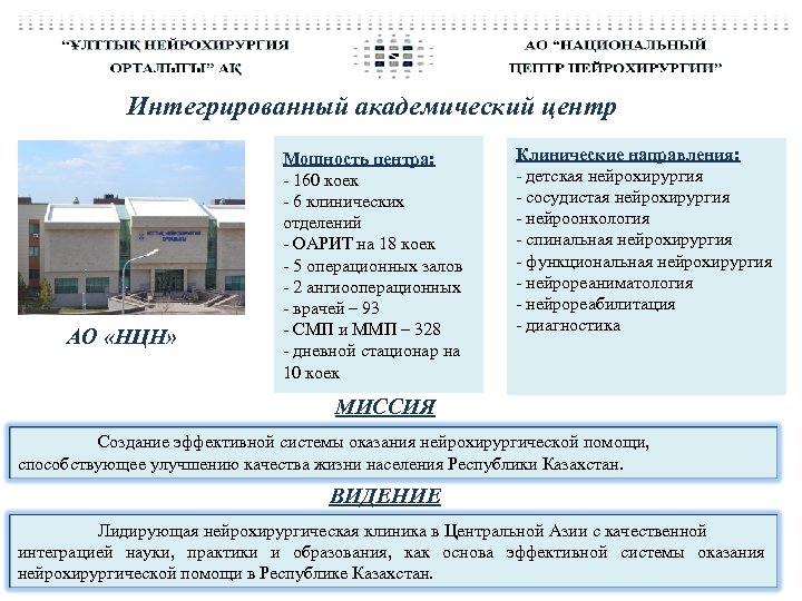 Интегрированный академический центр АО «НЦН» Мощность центра: - 160 коек - 6 клинических отделений