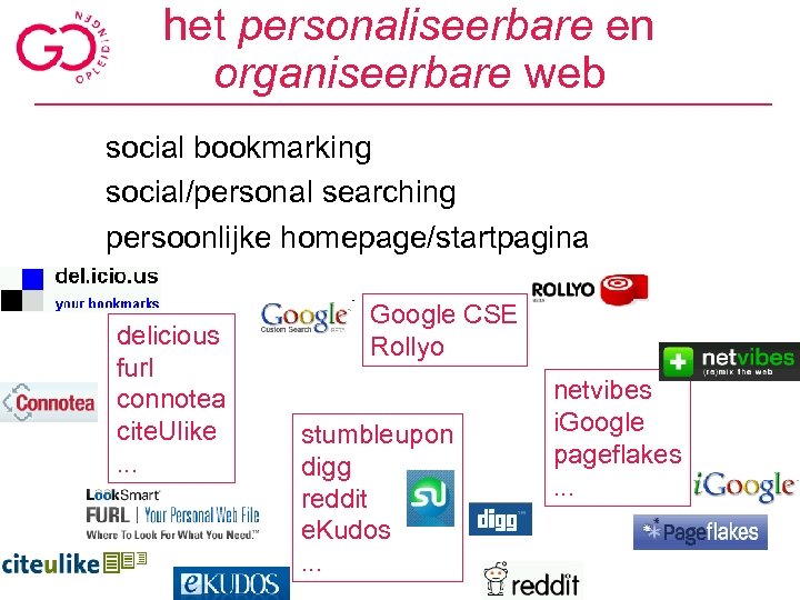 het personaliseerbare en organiseerbare web social bookmarking social/personal searching persoonlijke homepage/startpagina delicious furl connotea