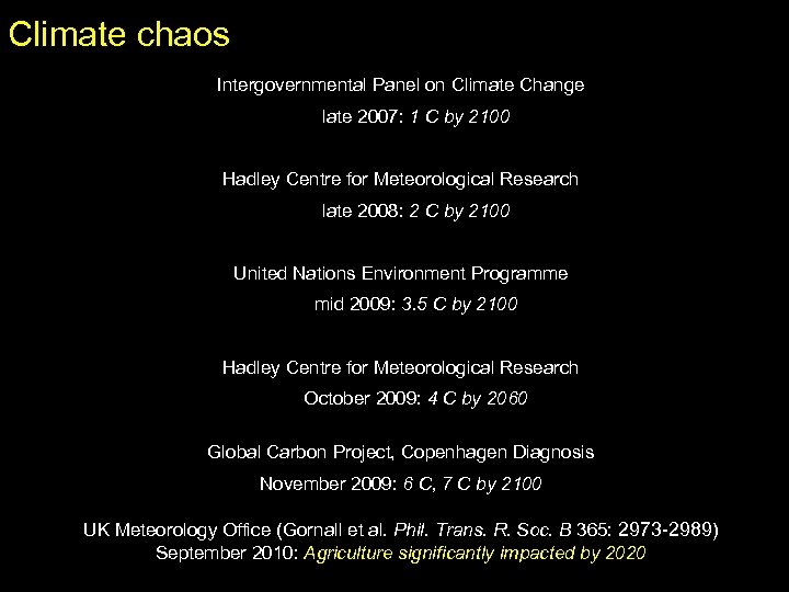 Climate chaos Intergovernmental Panel on Climate Change late 2007: 1 C by 2100 Hadley