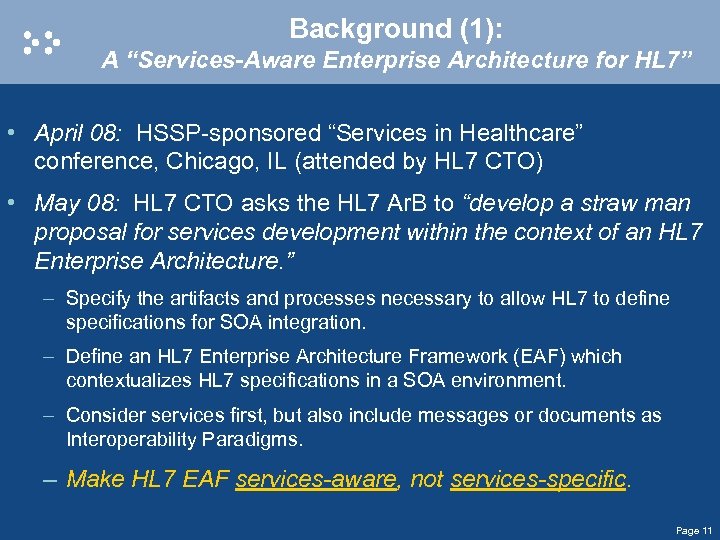 Background (1): A “Services-Aware Enterprise Architecture for HL 7” • April 08: HSSP-sponsored “Services