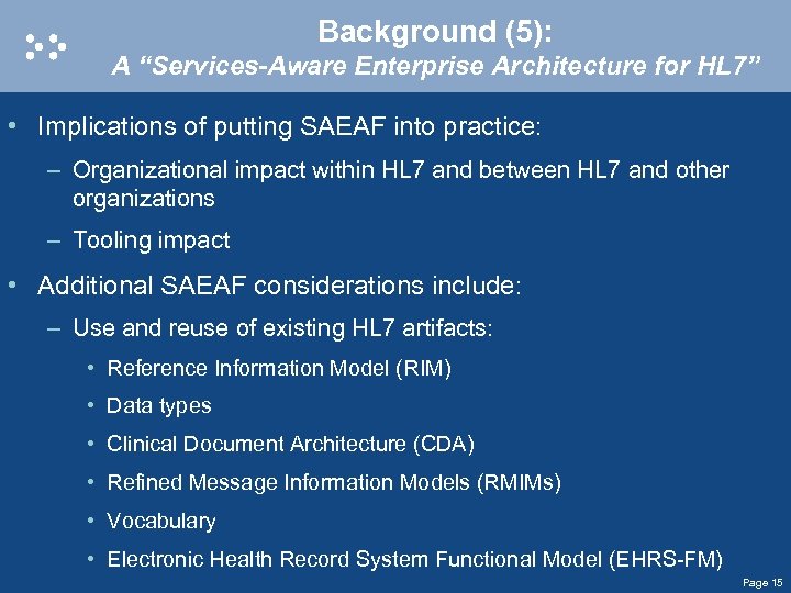 Background (5): A “Services-Aware Enterprise Architecture for HL 7” • Implications of putting SAEAF