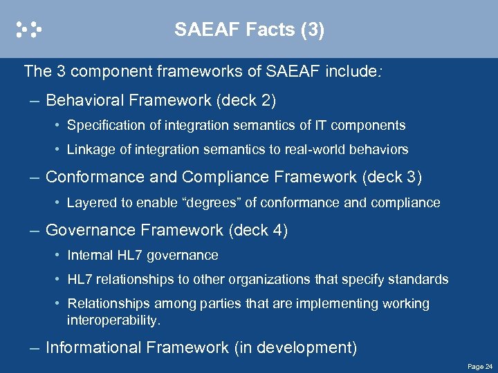 SAEAF Facts (3) The 3 component frameworks of SAEAF include: – Behavioral Framework (deck