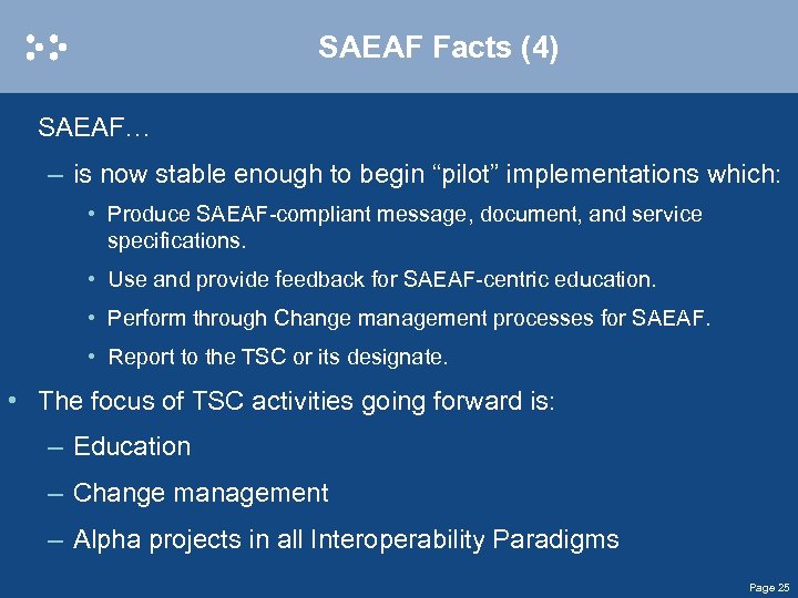 SAEAF Facts (4) SAEAF… – is now stable enough to begin “pilot” implementations which:
