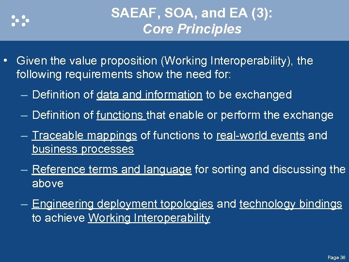 SAEAF, SOA, and EA (3): Core Principles • Given the value proposition (Working Interoperability),