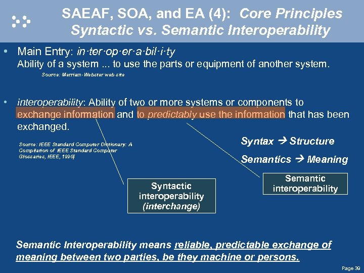 SAEAF, SOA, and EA (4): Core Principles Syntactic vs. Semantic Interoperability • Main Entry: