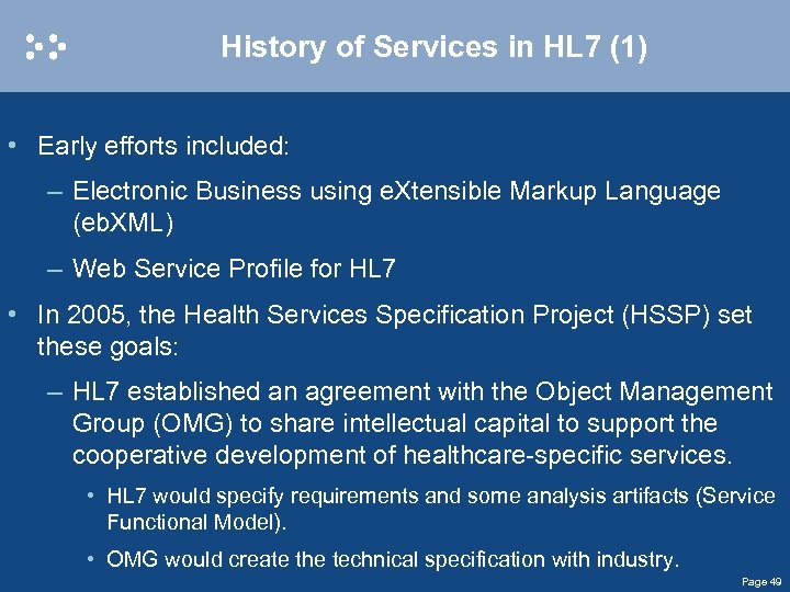 History of Services in HL 7 (1) • Early efforts included: – Electronic Business