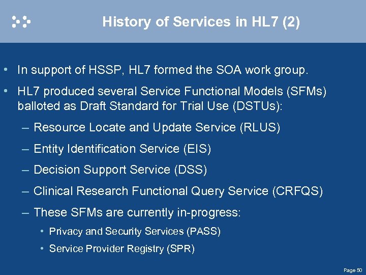 History of Services in HL 7 (2) • In support of HSSP, HL 7