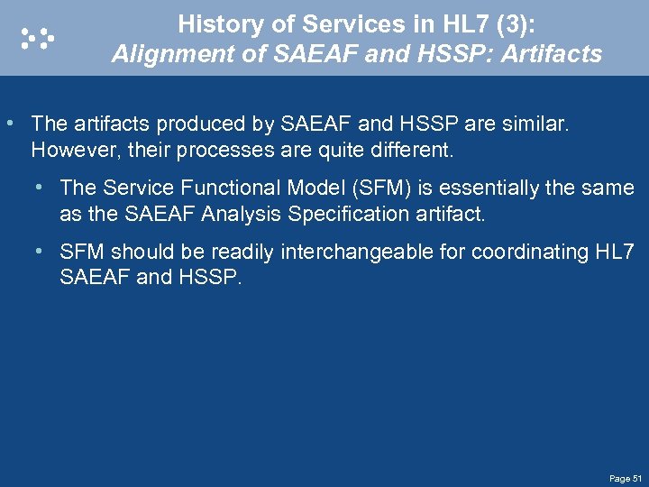History of Services in HL 7 (3): Alignment of SAEAF and HSSP: Artifacts •