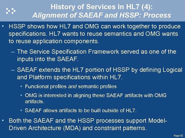 History of Services in HL 7 (4): Alignment of SAEAF and HSSP: Process •