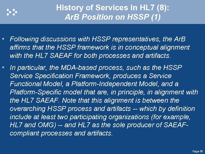 History of Services in HL 7 (8): Ar. B Position on HSSP (1) •