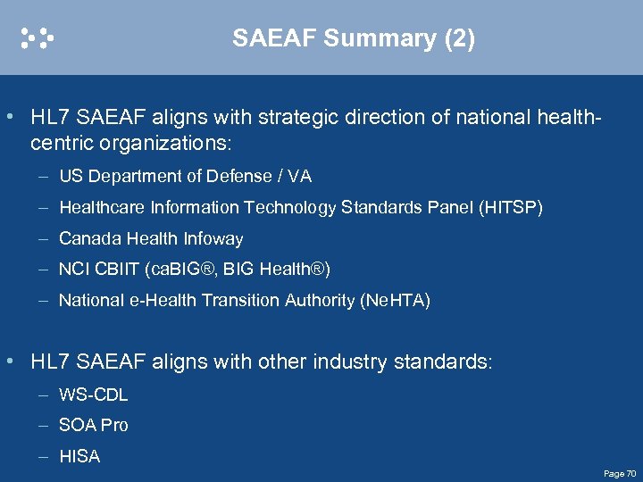 SAEAF Summary (2) • HL 7 SAEAF aligns with strategic direction of national healthcentric