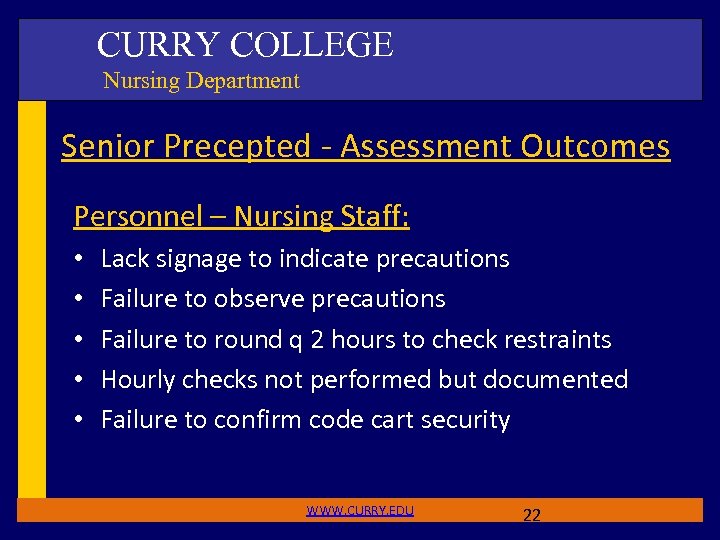 CURRY COLLEGE Nursing Department Senior Precepted - Assessment Outcomes Personnel – Nursing Staff: •