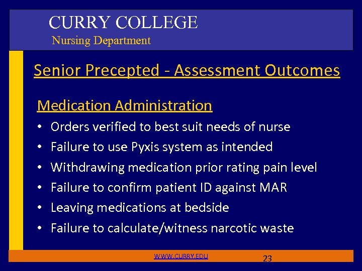 CURRY COLLEGE Nursing Department Senior Precepted - Assessment Outcomes Medication Administration • • •