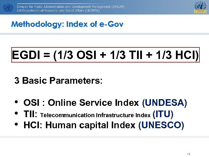 Methodology: Index of e-Gov EGDI = (1/3 OSI + 1/3 TII + 1/3 HCI)