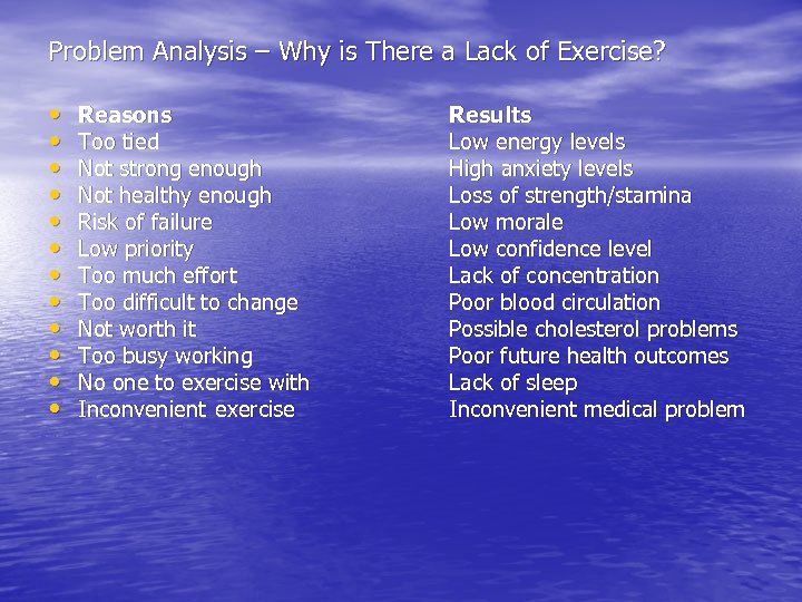 Problem Analysis – Why is There a Lack of Exercise? • • • Reasons