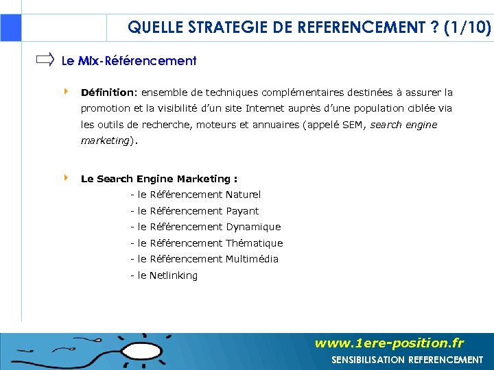 QUELLE STRATEGIE DE REFERENCEMENT ? (1/10) Le Mix-Référencement Définition: ensemble de techniques complémentaires destinées