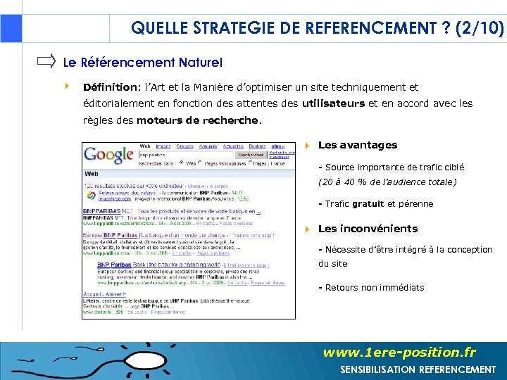 QUELLE STRATEGIE DE REFERENCEMENT ? (2/10) Le Référencement Naturel Définition: l’Art et la Manière