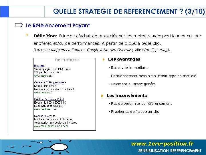 QUELLE STRATEGIE DE REFERENCEMENT ? (3/10) Le Référencement Payant Définition: Principe d’achat de mots